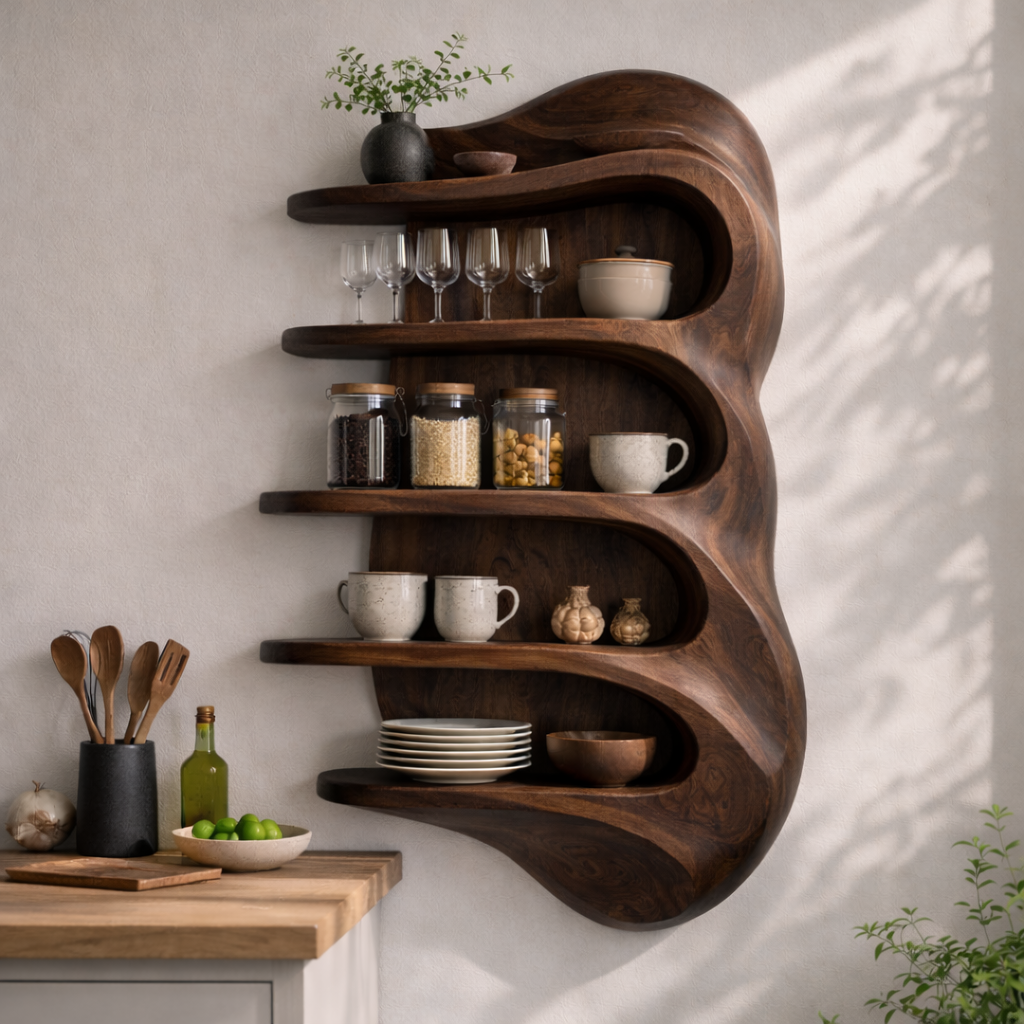 Solid Wood Curved Kitchen Cabinet Shelf – Floating Organic Wall Storage Display