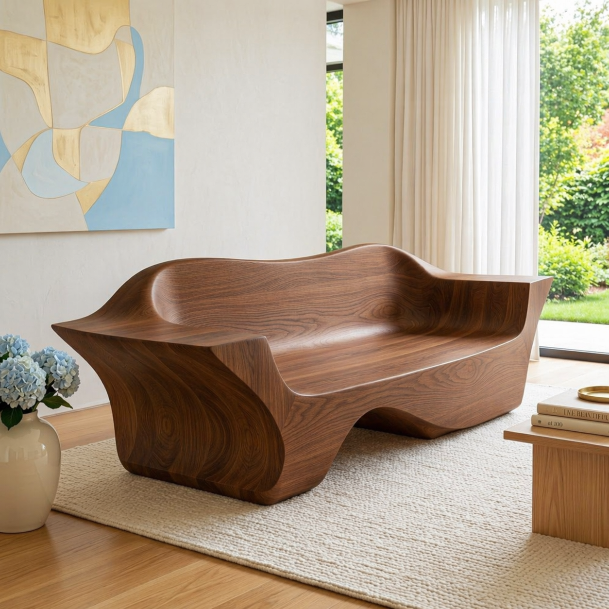 Modern Sculptural Curved Sofa Bench, Organic Statement Living Room Furniture Piece