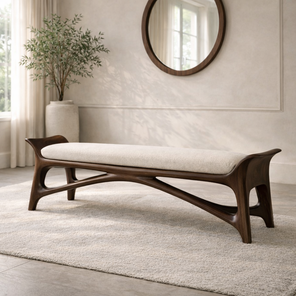 Modern Upholstered Entryway Bench, Luxury Sculptural Hallway Seat with Curved Frame