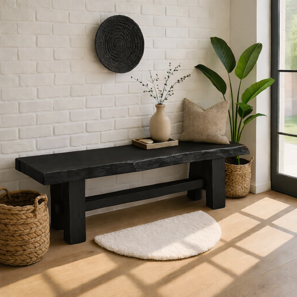 Live Edge Solid Wood Bench, Rustic Farmhouse Entryway Dining Seating
