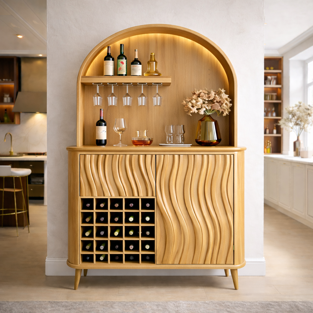 Solid Wood Bar Cabinet with Arched Display, Wine Rack & Wave Panel Doors