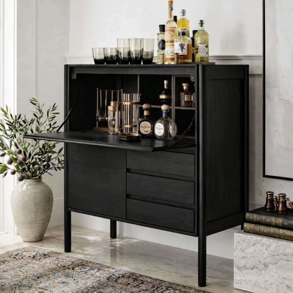 Mid Century Bar Cabinet, Fold-Down Cocktail Console with Glassware Bottle Storage