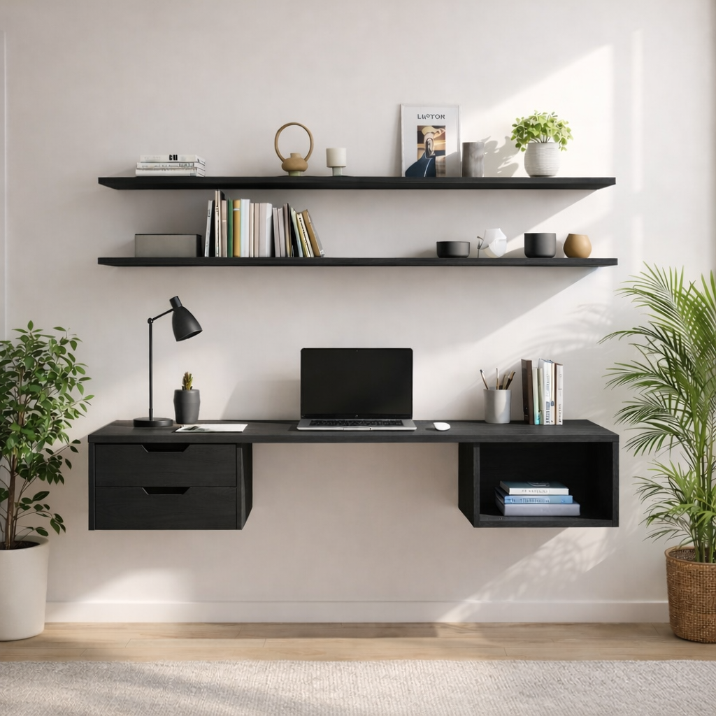 Floating Oak Desk with Shelf – Minimalist Wall Workspace