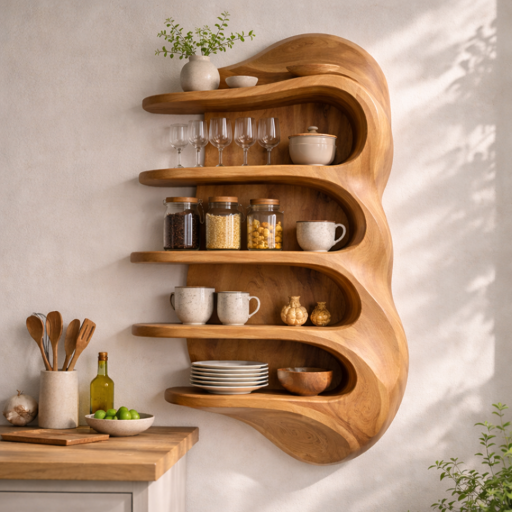 Solid Wood Curved Kitchen Cabinet Shelf – Floating Organic Wall Storage Display