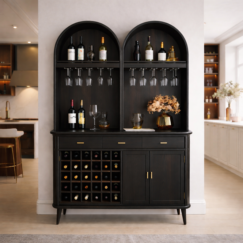 Solid Wood Arched Bar Cabinet with Wine Rack and Hanging Glass Storage