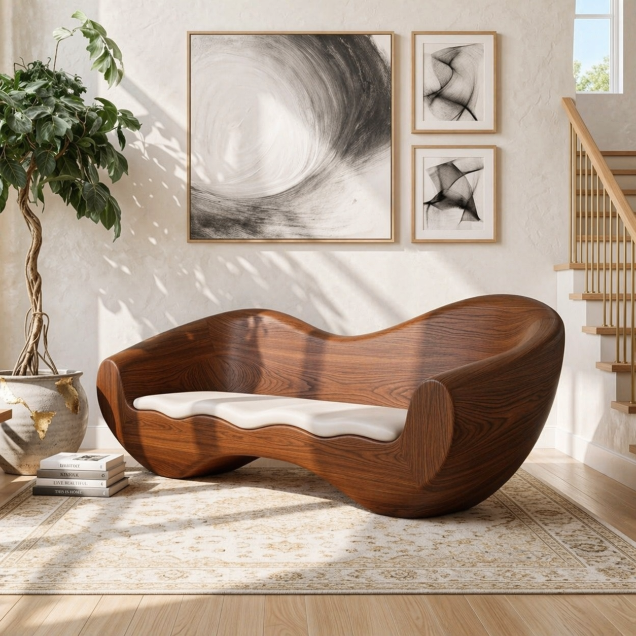Modern Sculptural Curved Lounge Bench, Organic Minimalist Statement Furniture Piece