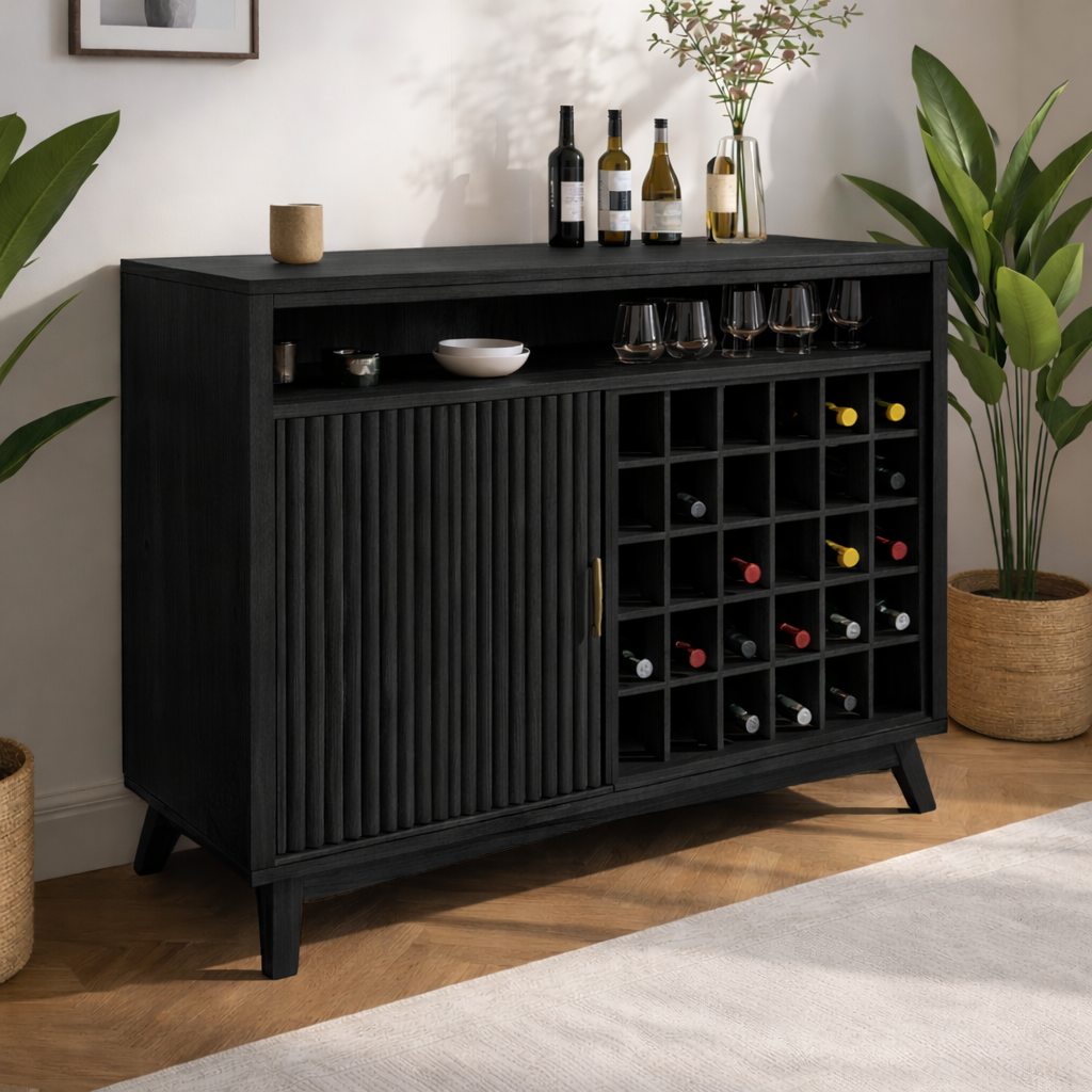 Solid Wood Wine Cabinet with Slatted Door and Bottle Rack Storage