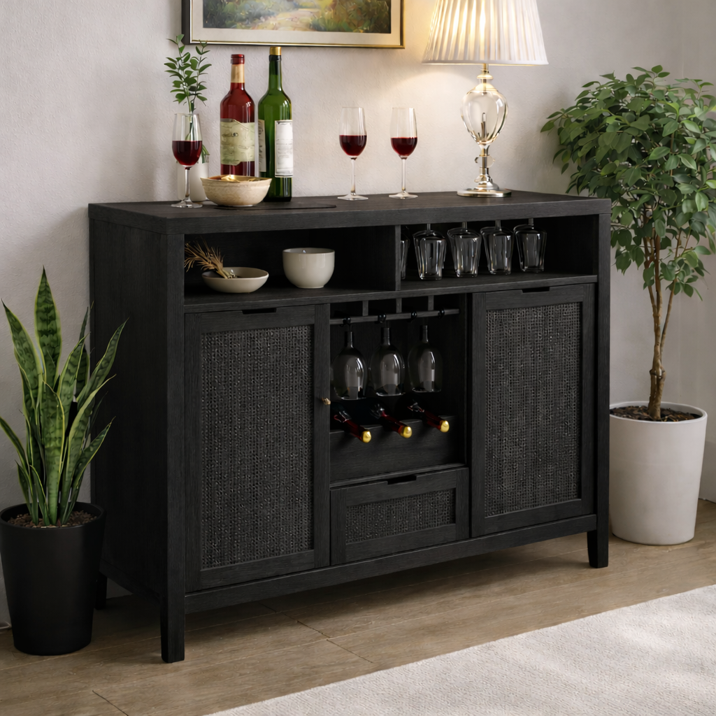 Solid Wood Wine Cabinet with Rattan Doors and Glass Rack Storage