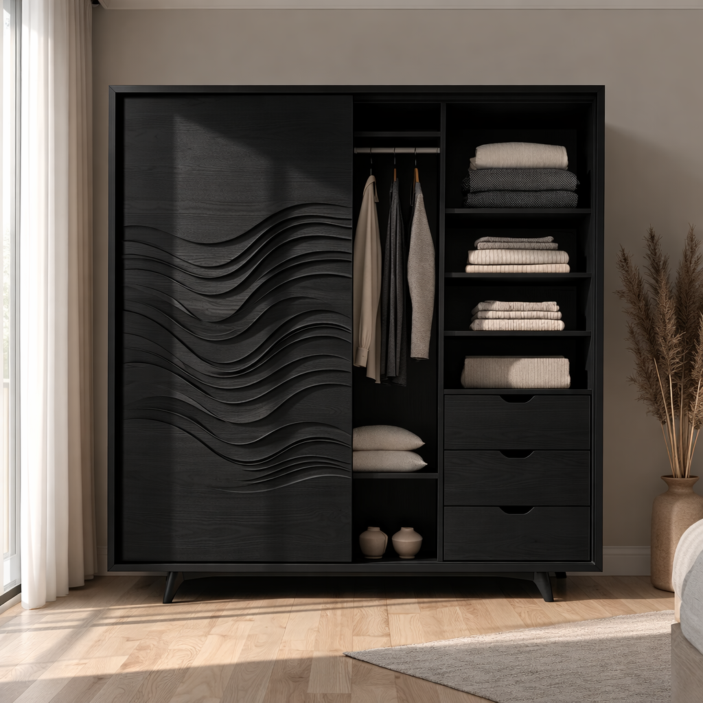 Solid Wood Wardrobe with Wave Panel Door – Modern Bedroom Closet with Shelves & Drawers
