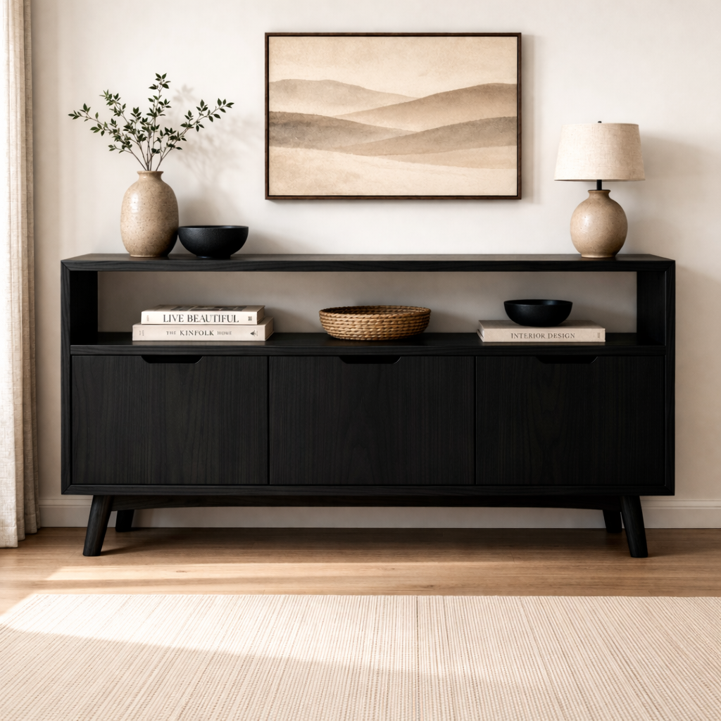 Solid Wood Console Cabinet with Open Shelf and 3 Doors – Modern Entryway Storage
