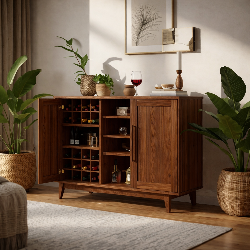 Handcrafted Solid Wood Wine Cabinet with Bottle Storage Modern Home Bar Sideboard