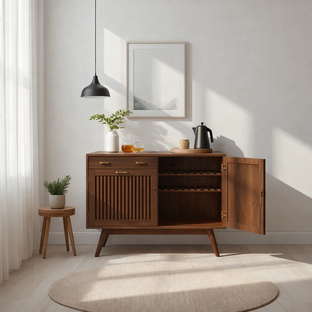 Mid Century Solid Wood Wine Cabinet with Sliding Door and Bottle Rack Storage