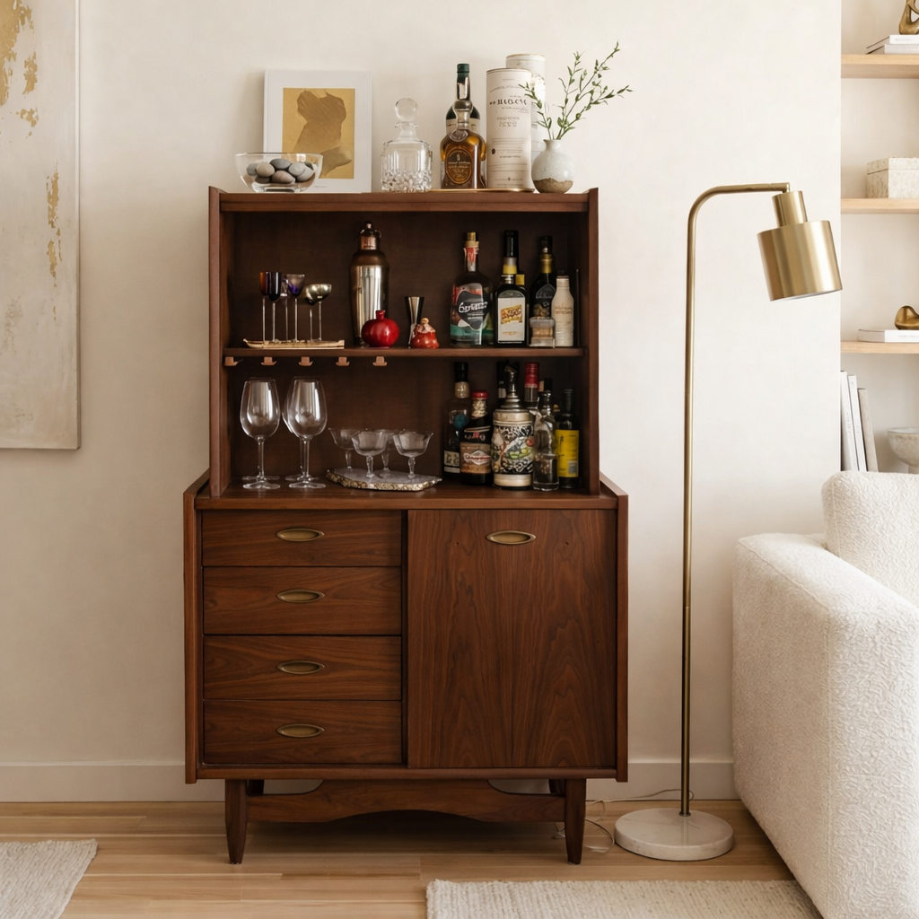 Contemporary Wooden Bar Cabinet with Drawers, Entertaining Storage and Display Shelf