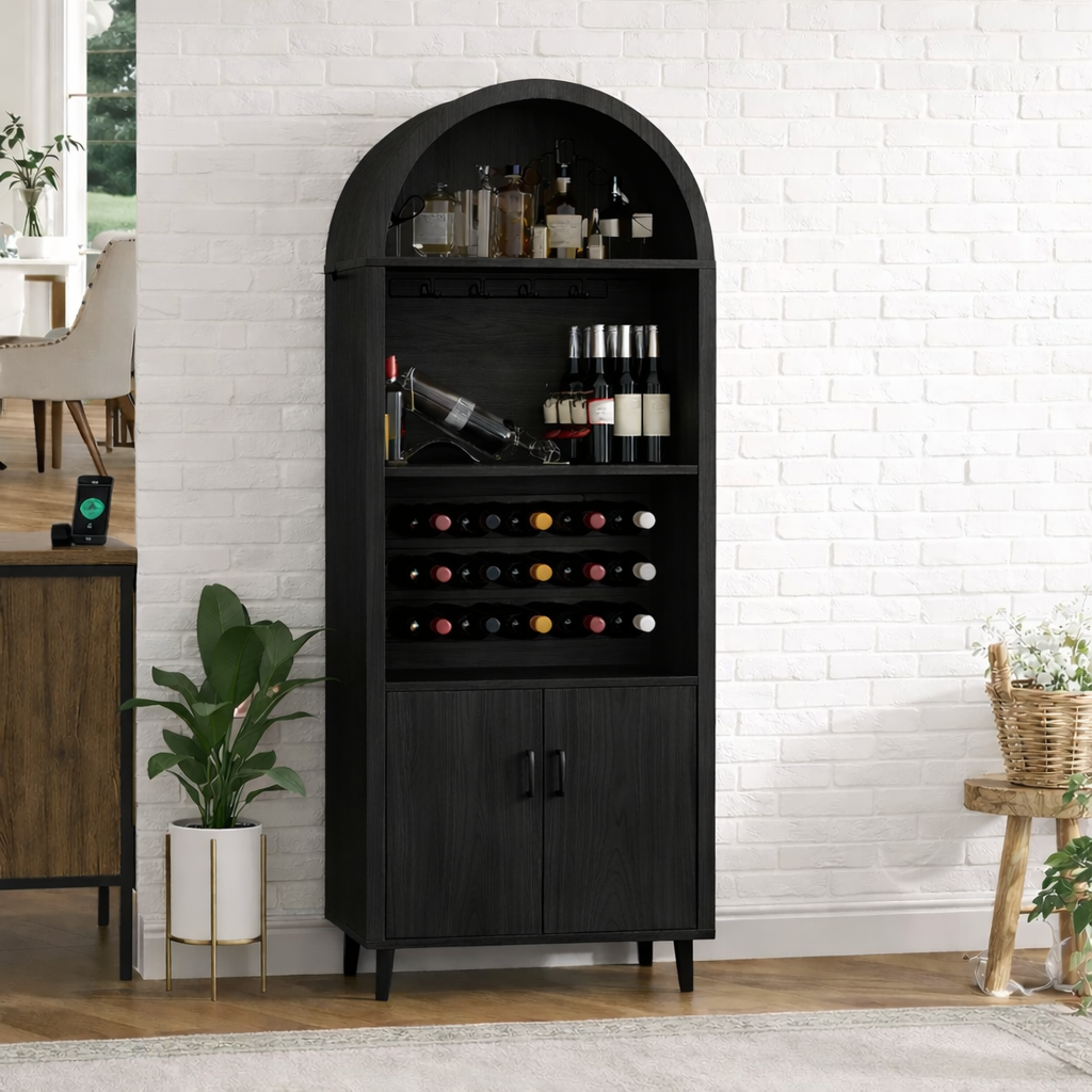 Handcrafted Solid Oak Arched Wine Cabinet Scandinavian Bar Storage with Bottle Display