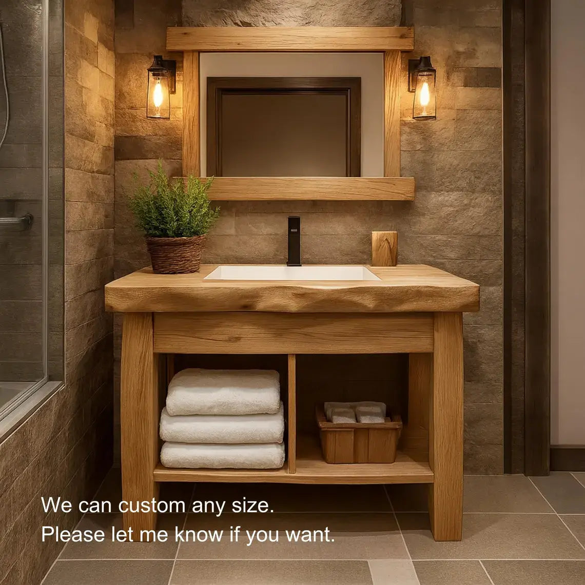 Handcrafted Solid Wood Bathroom Vanity with Natural Live Edge and Open Shelf Rustic Design Kitchnce