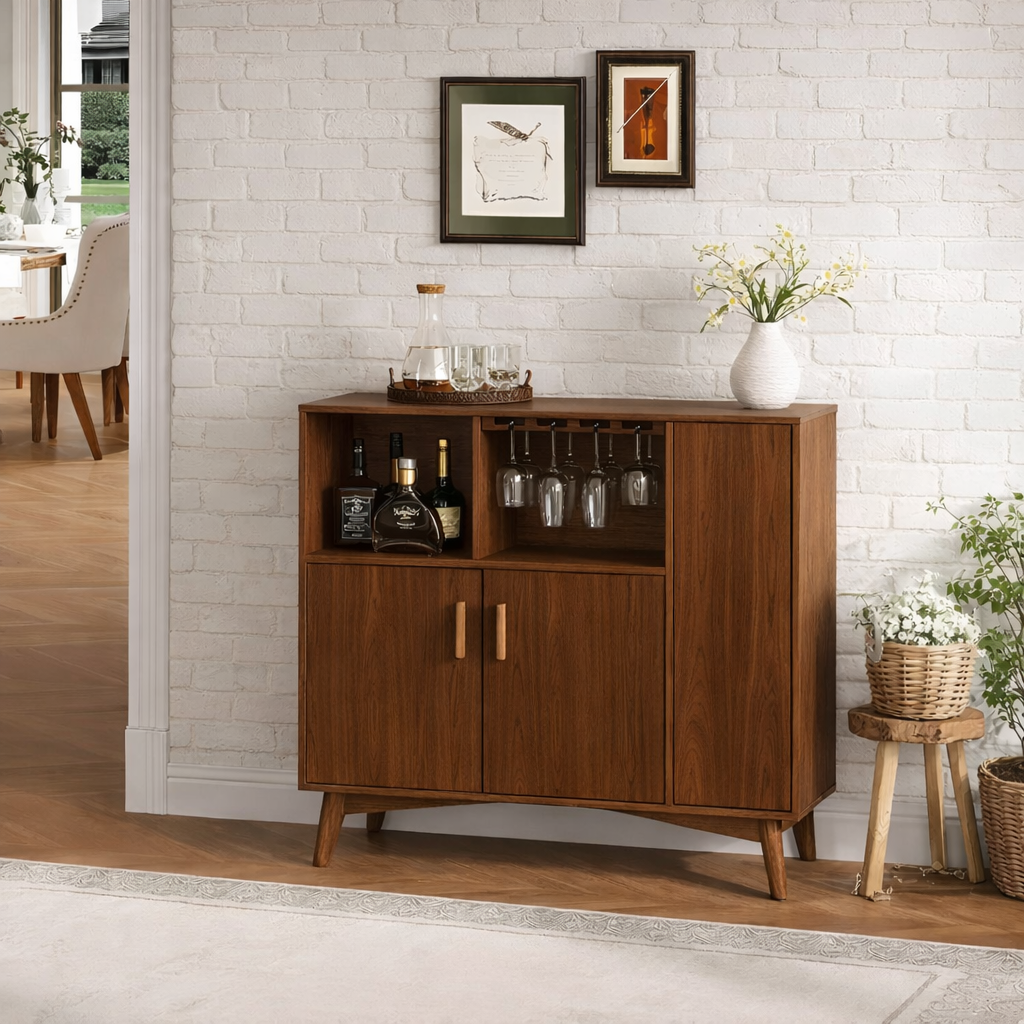 Handcrafted Solid Oak Wine Cabinet Scandinavian Bar Sideboard with Glass Rack Storage Display