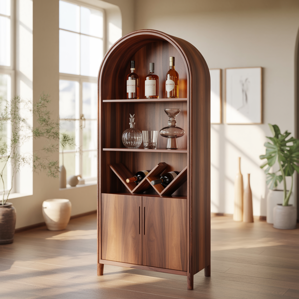 Handcrafted Solid Wood Wine Cabinet Arched Display Shelf Mid Century Modern Bar Storage Furniture