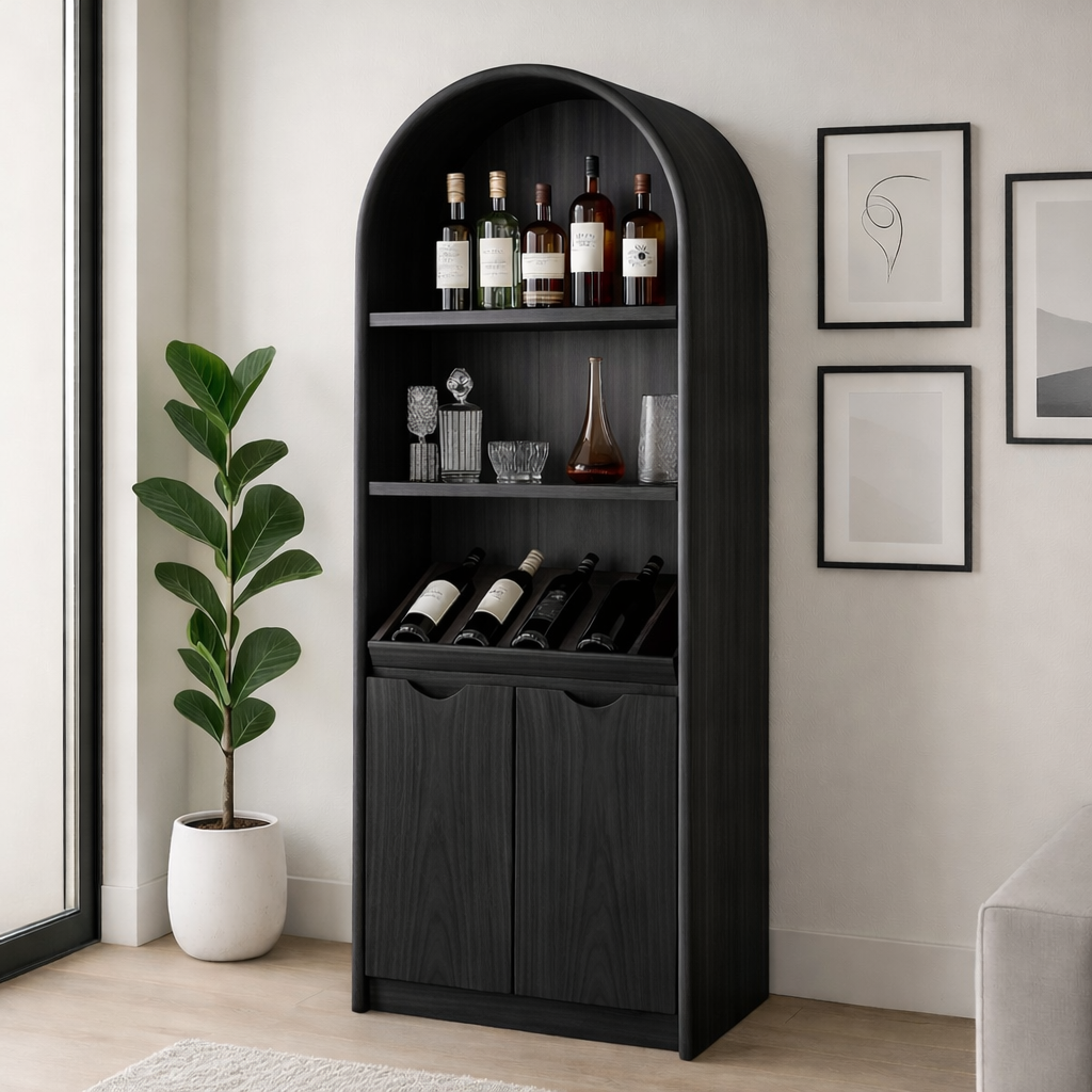 Solid Wood Arched Wine Storage Cabinet with Display Shelves and Bottle Organizer