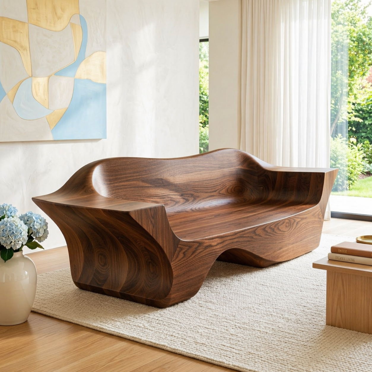 Modern Sculptural Curved Sofa Bench, Organic Statement Living Room Furniture Piece