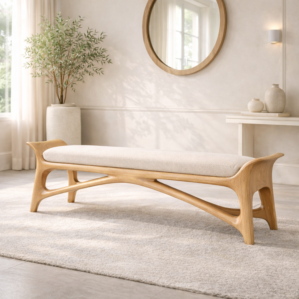 Modern Upholstered Entryway Bench, Luxury Sculptural Hallway Seat with Curved Frame
