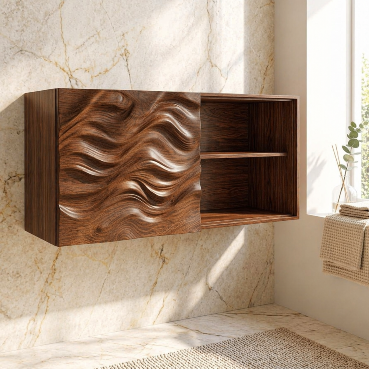 Floating Bathroom Cabinet, Modern Wavy Wall Mounted Vanity Storage Shelf Organizer