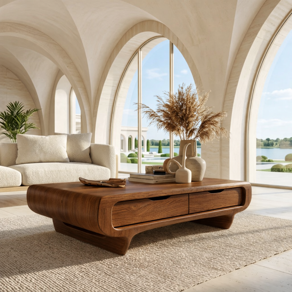 Modern Storage Coffee Table with Drawers, Rounded Minimalist Living Room Centerpiece