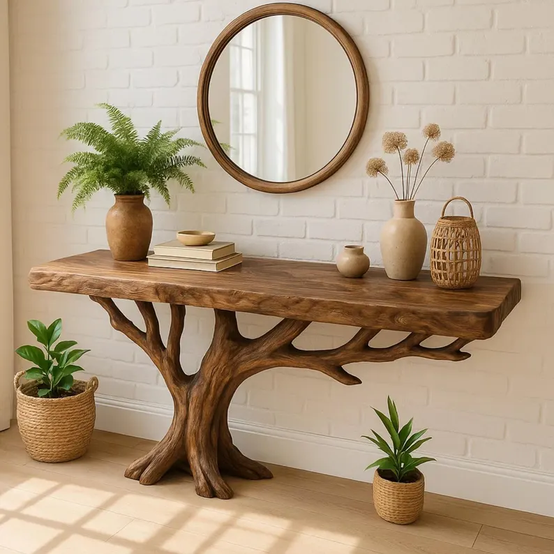 Handcrafted Solid Wood Console Table with Tree Trunk Base and Natural Live Edge Design Kitchnce