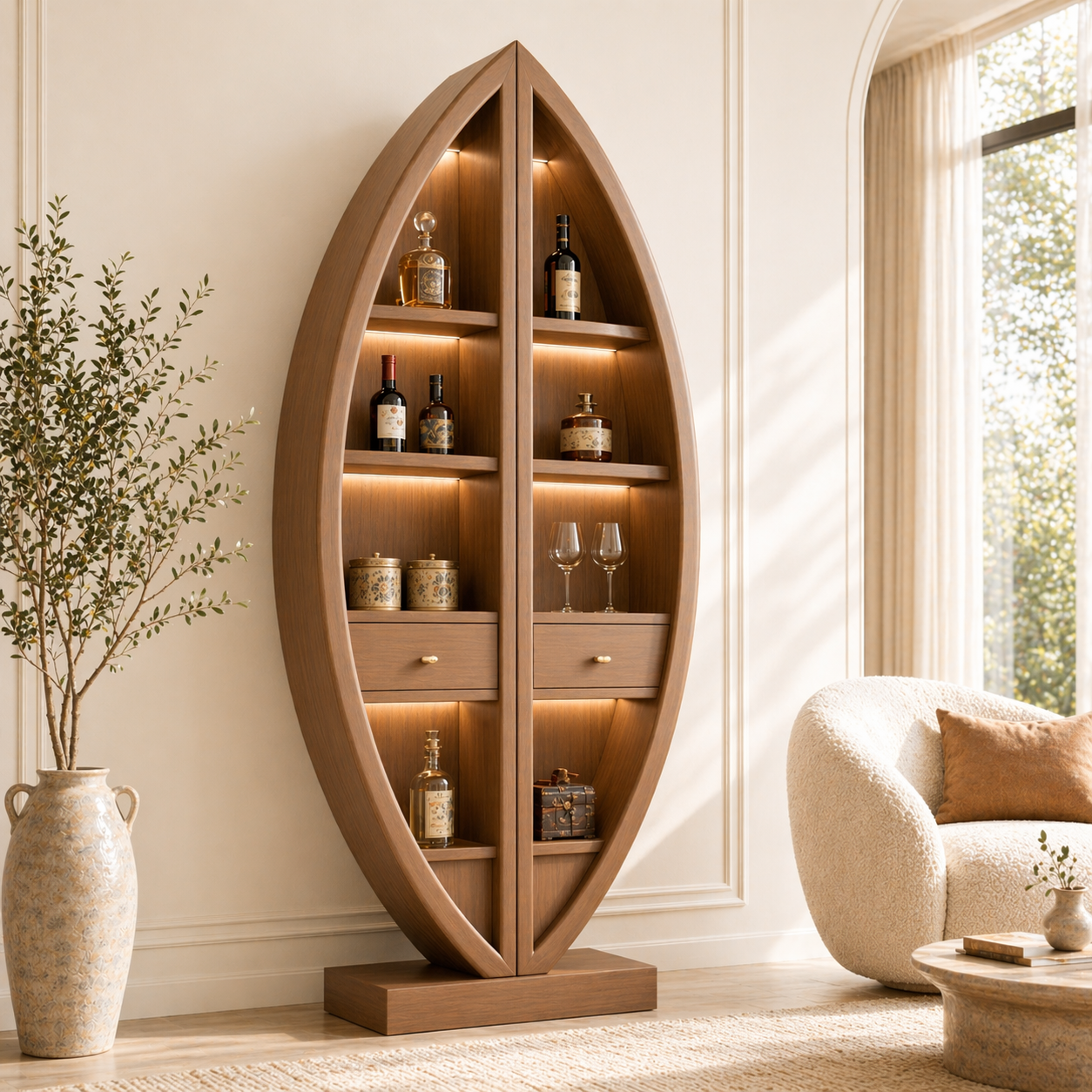 Sculptural Tall Wine Cabinet Freestanding Bar Storage Display Shelves With Drawers