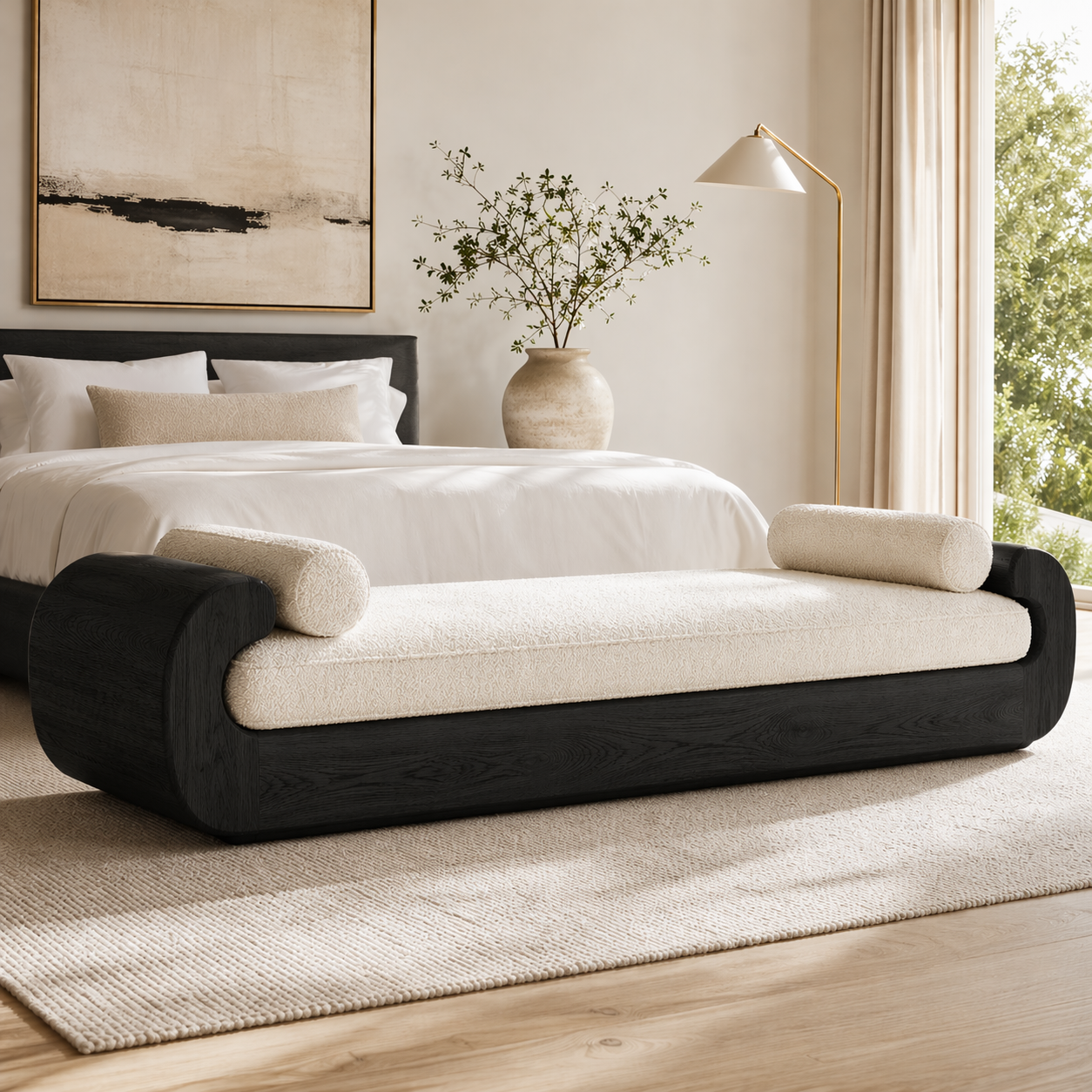 Modern Upholstered Daybed Bench Curved Bedroom Lounge with Bolster Pillows