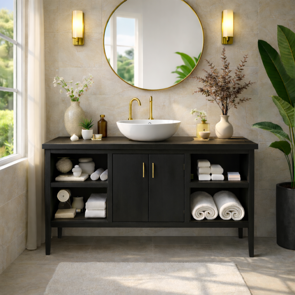 Sleek Wooden Bathroom Vanity with Open Shelving and Storage Kitchnce