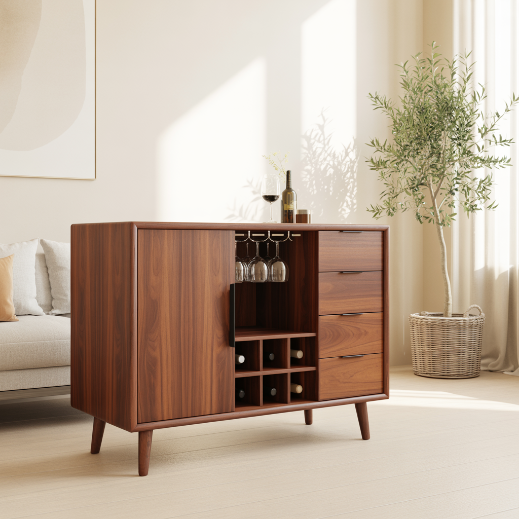 Solid Wood Wine Storage Cabinet with Bottle Rack, Glass Holders and Drawers for Modern Homes