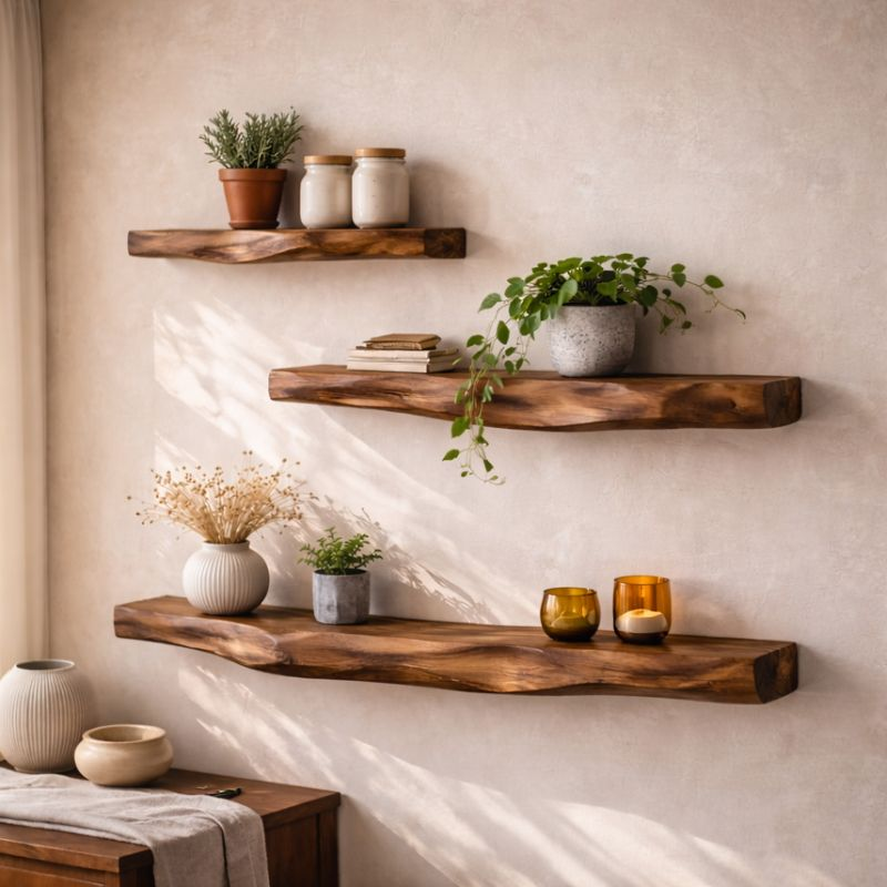 Handcrafted Solid Wood Organic Wall Shelf - Unique Live Edge Floating Decor for Home & Kitchen