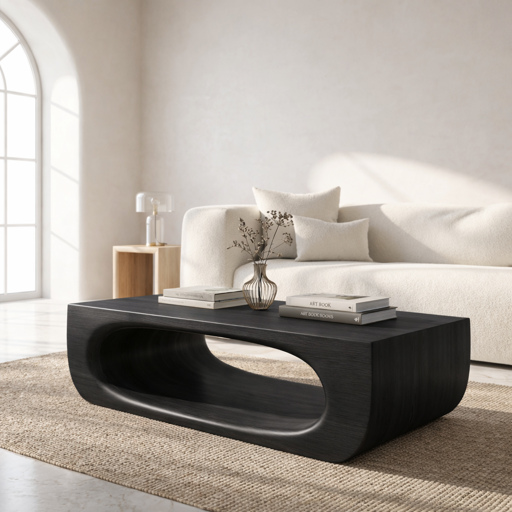 Modern Sculptural Coffee Table with Open Base, Minimalist Living Room Centerpiece