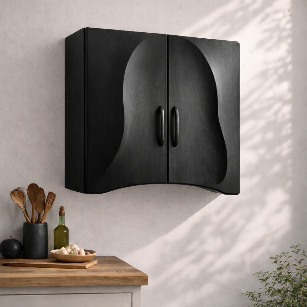 Solid Wood Kitchen Cabinet with Sculpted Curved Doors – Modern Wall Storage Cabinet
