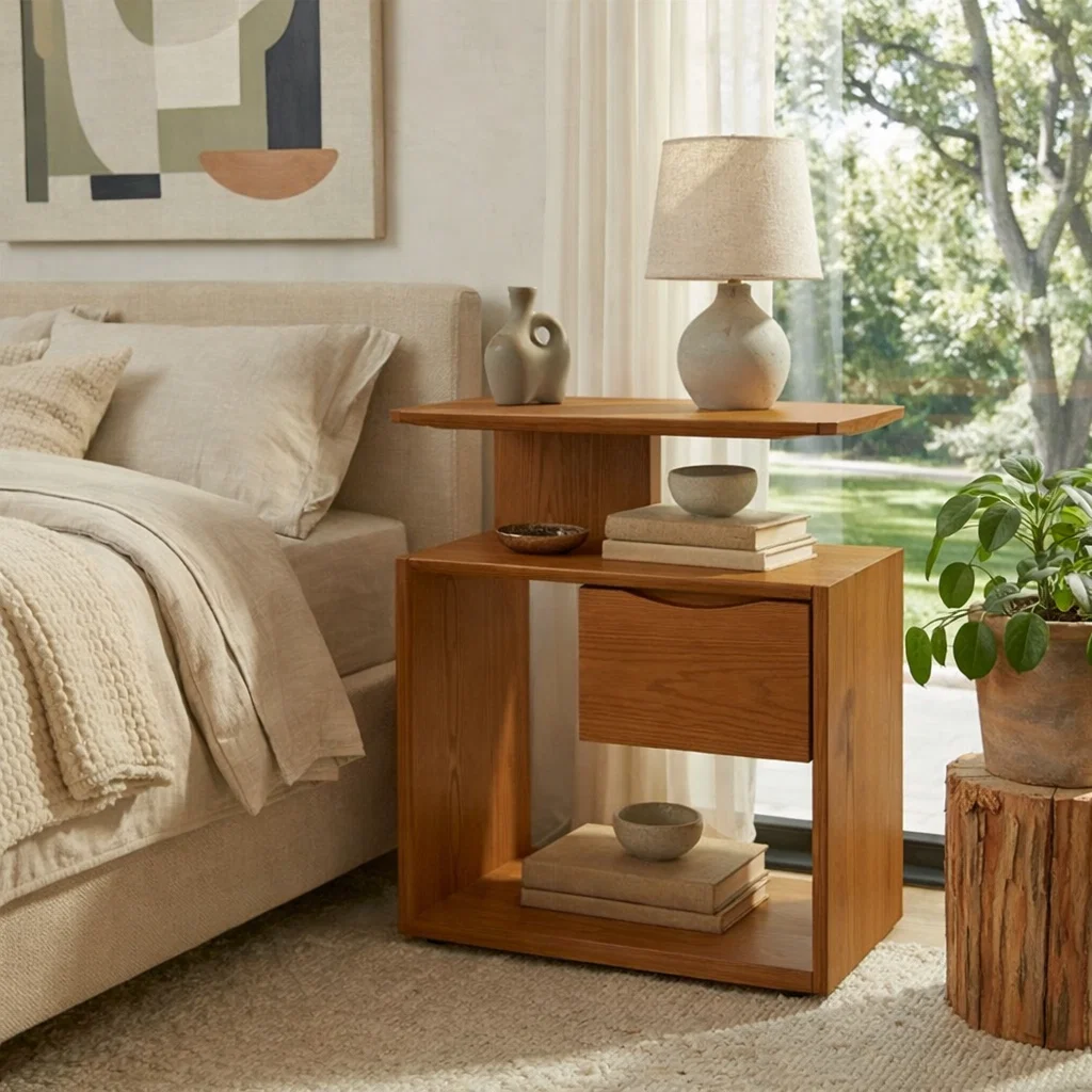 Solid Wood Nightstand with Drawer & Open Shelf – Modern Bedside Table