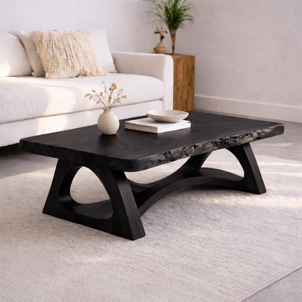 Live Edge Solid Wood Coffee Table with Sculptural Base – Rustic Modern Living Room Table