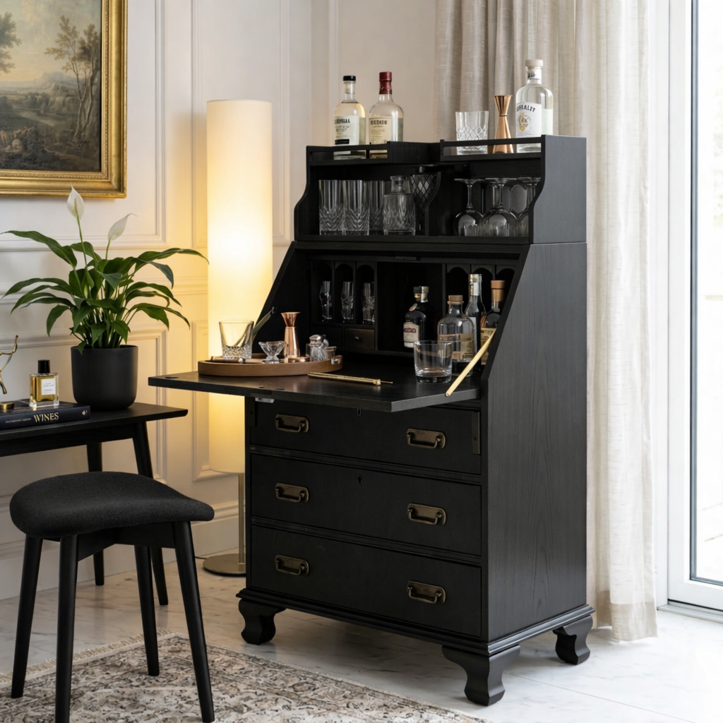 Mid Century Bar Cabinet, Fold-Down Cocktail Console with Glassware Bottle Storage