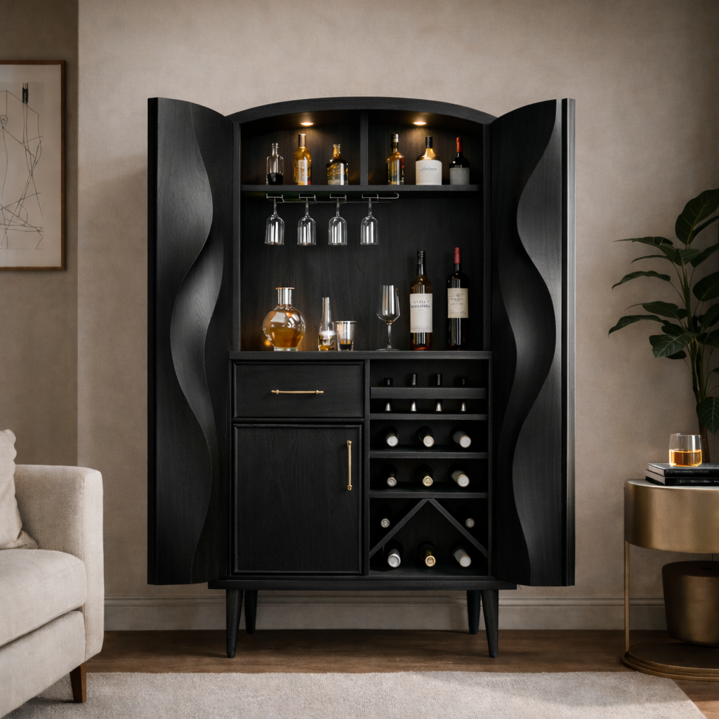 Solid Wood Bar Cabinet with Wine Storage, Glass Rack & Sculpted Wave Doors