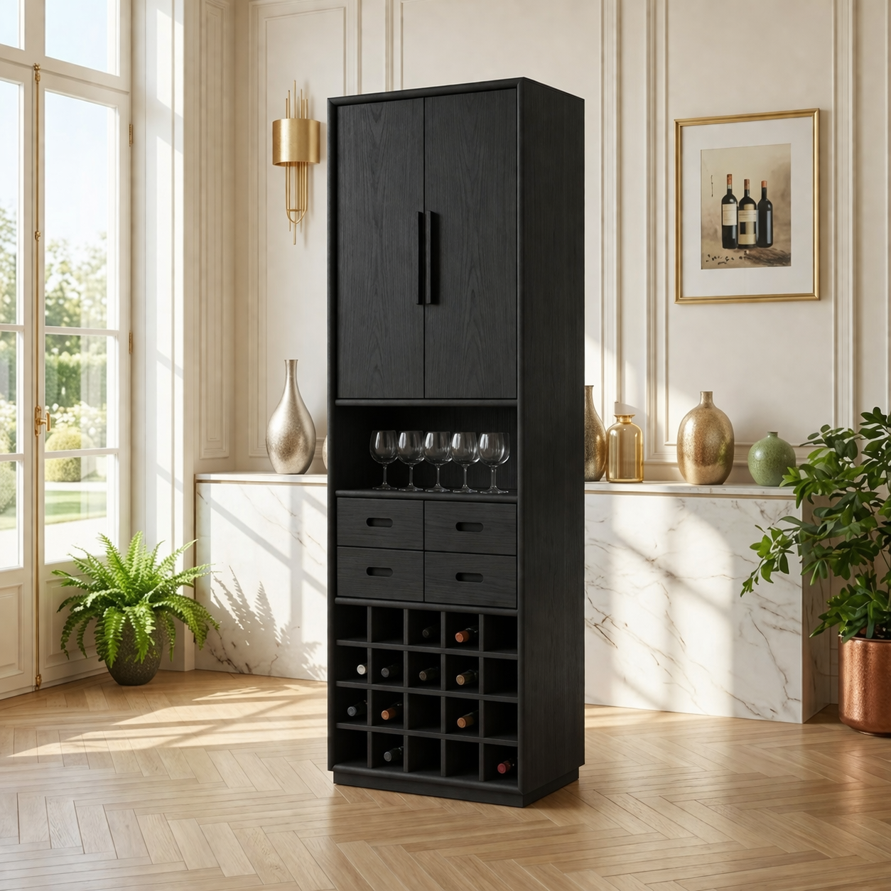 Modern Wine Cabinet with Glass Display, Drawers and Built-In Bottle ...