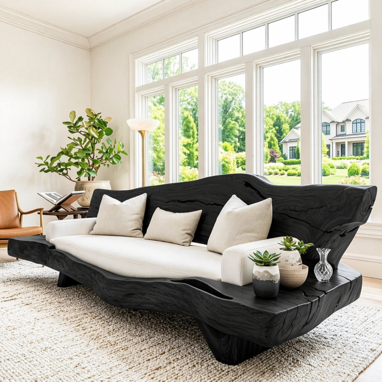 Organic Modern Wooden Sofa, Sculptural Statement Couch with White Cushion Seating