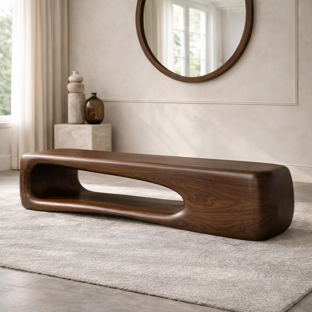 Modern Sculptural Wooden Entryway Bench, Curved Minimalist Hallway Seating Decor