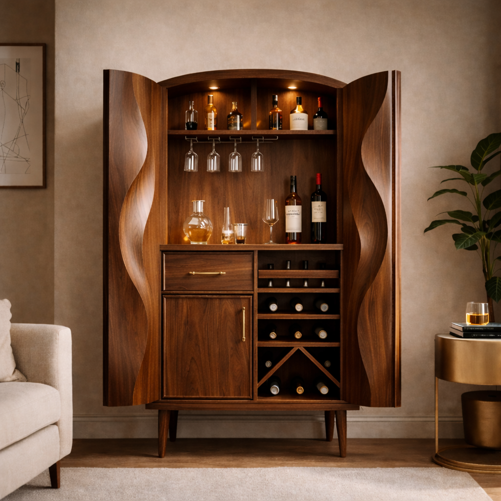 Solid Wood Bar Cabinet with Wine Storage, Glass Rack & Sculpted Wave Doors