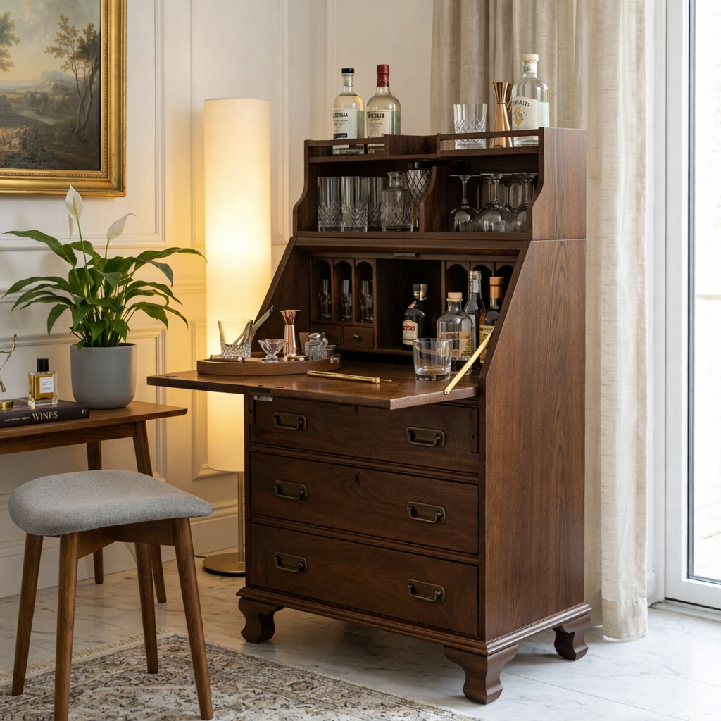 Mid Century Bar Cabinet, Fold-Down Cocktail Console with Glassware Bottle Storage