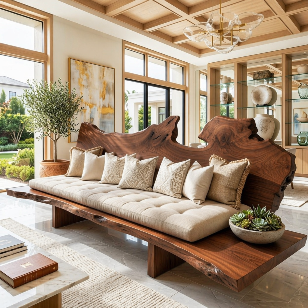 Organic Modern Live Edge Sofa Bench, Rustic Statement Living Room Furniture Design