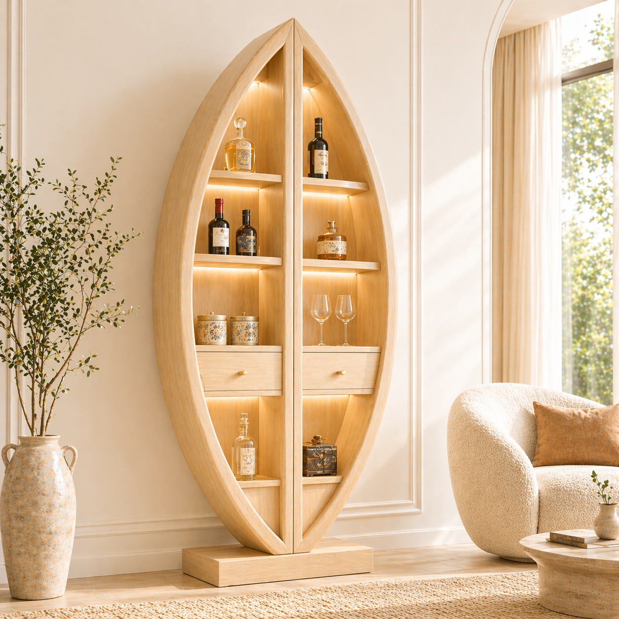 Sculptural Tall Wine Cabinet Freestanding Bar Storage Display Shelves With Drawers