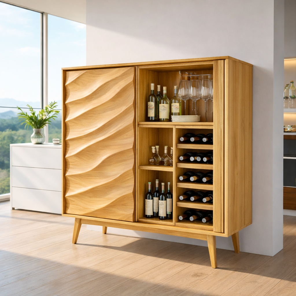 Modern Solid Wood Bar Cabinet with Wine Rack & Sculpted Door – Mid Century Home Bar Storage