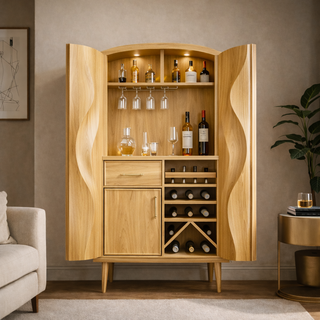 Solid Wood Bar Cabinet with Wine Storage, Glass Rack & Sculpted Wave Doors