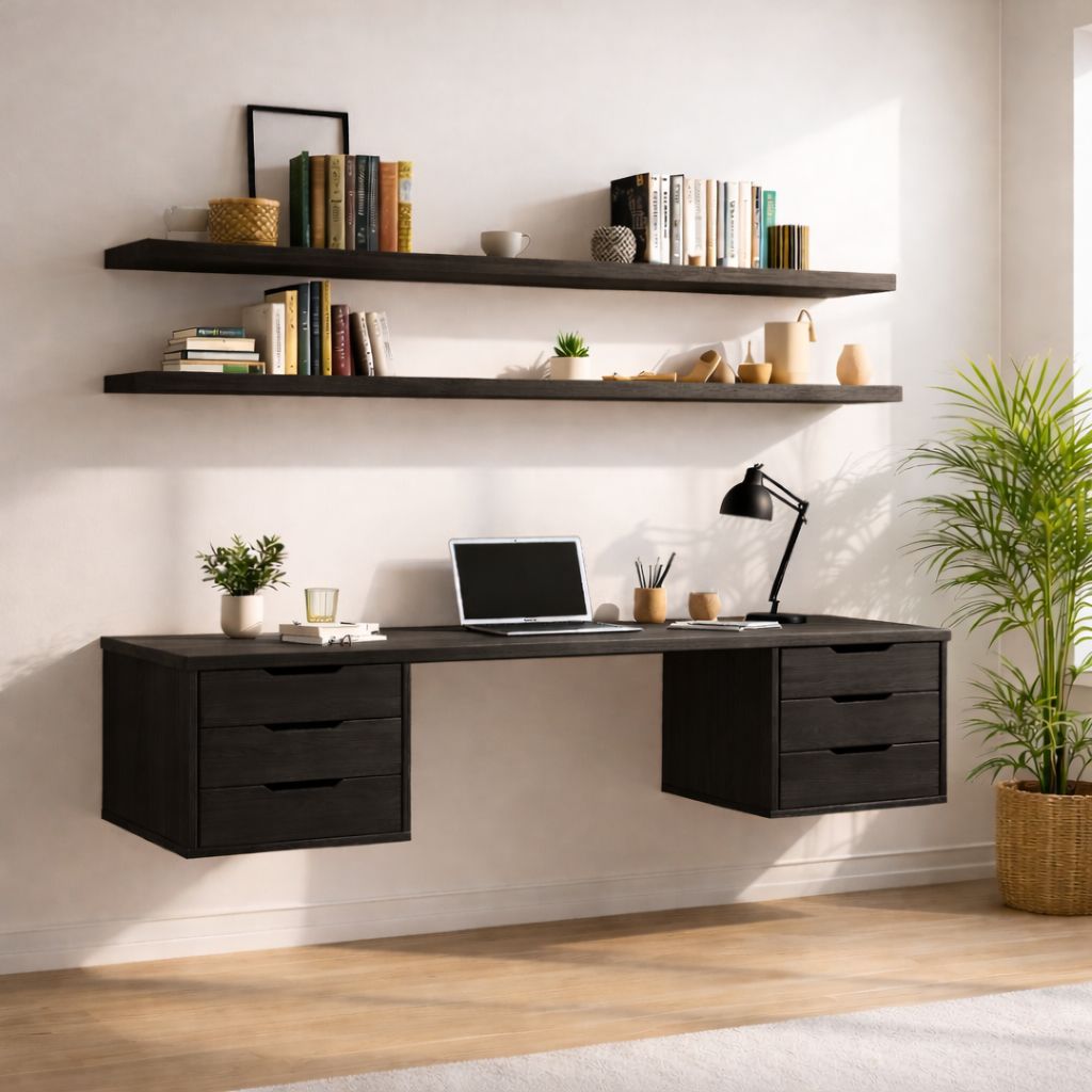 Floating Double Drawer Desk with Shelves – Light Oak Minimal Workspace