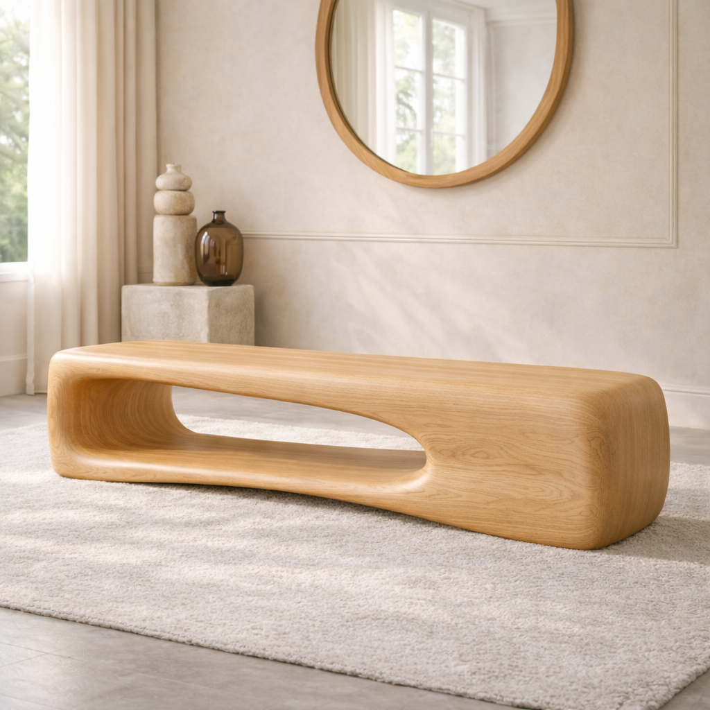 Modern Sculptural Wooden Entryway Bench, Curved Minimalist Hallway Seating Decor