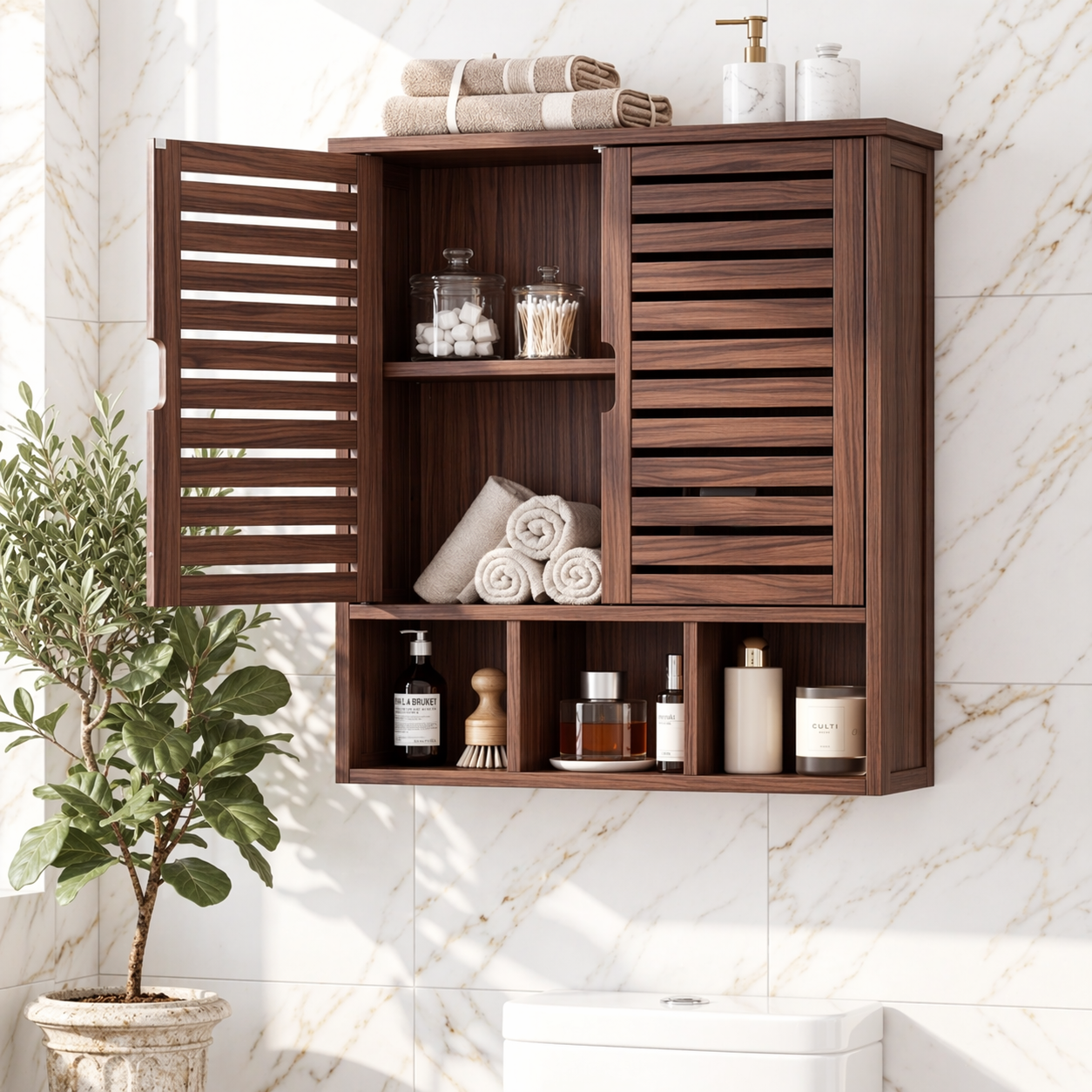 Floating Bathroom Cabinet, Wall-Mounted Slatted Vanity Storage Organizer Shelf Unit